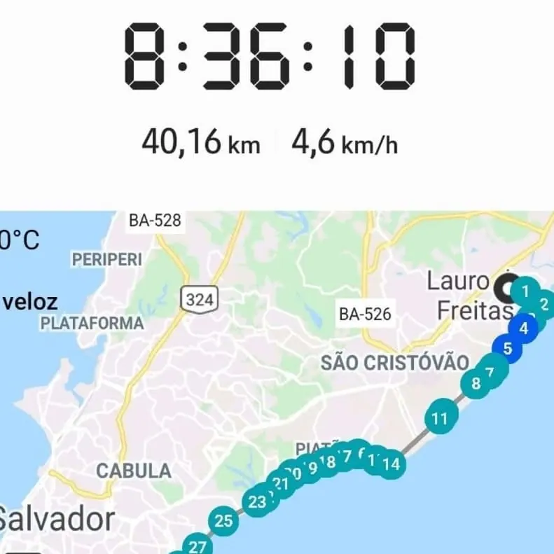 Registro do aplicativo: 40,16 km em 8h36min, com o trajeto de Lauro de Freitas até Salvador no mapa